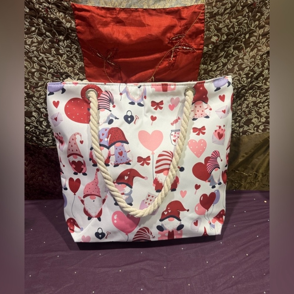 Charming Heart and Gnome Print Tote Bag